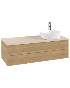 Meuble vasque Villeroy & Boch Antao K23053HN 120 x 36 x 50 cm, percé pour robinetterie, plan vasque couleur Botticino, chêne miel